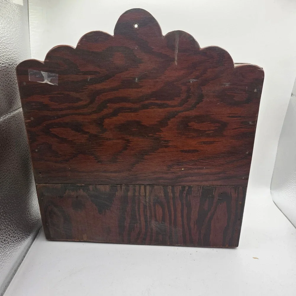 Vintage Wood Wall Mounted Mail Organizer Scalloped Top Dark Cherry Finish Bin
